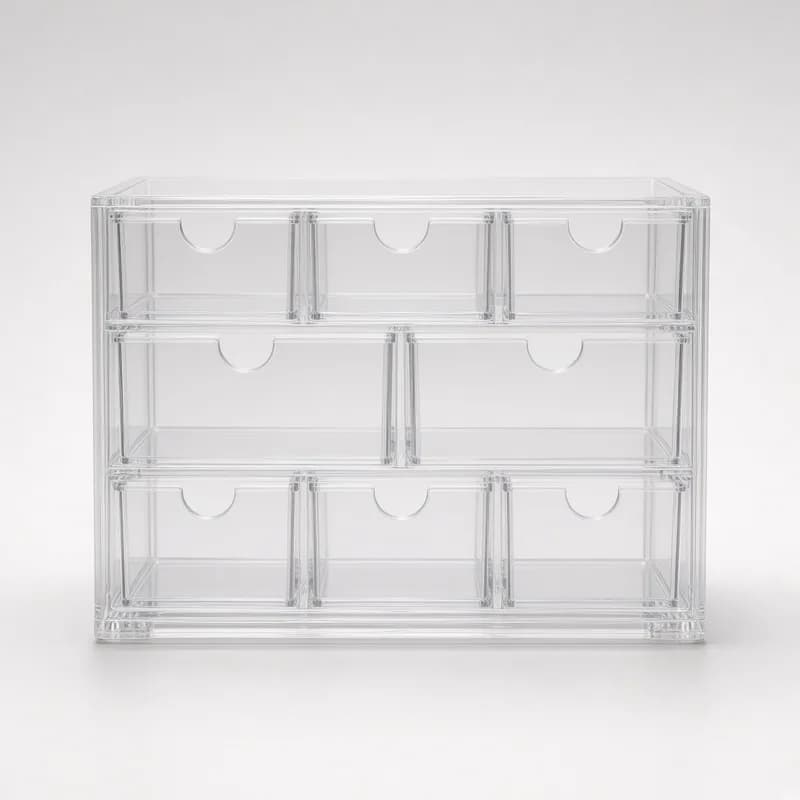Reference photo of a clear acrylic cosmetic organizer with small drawers