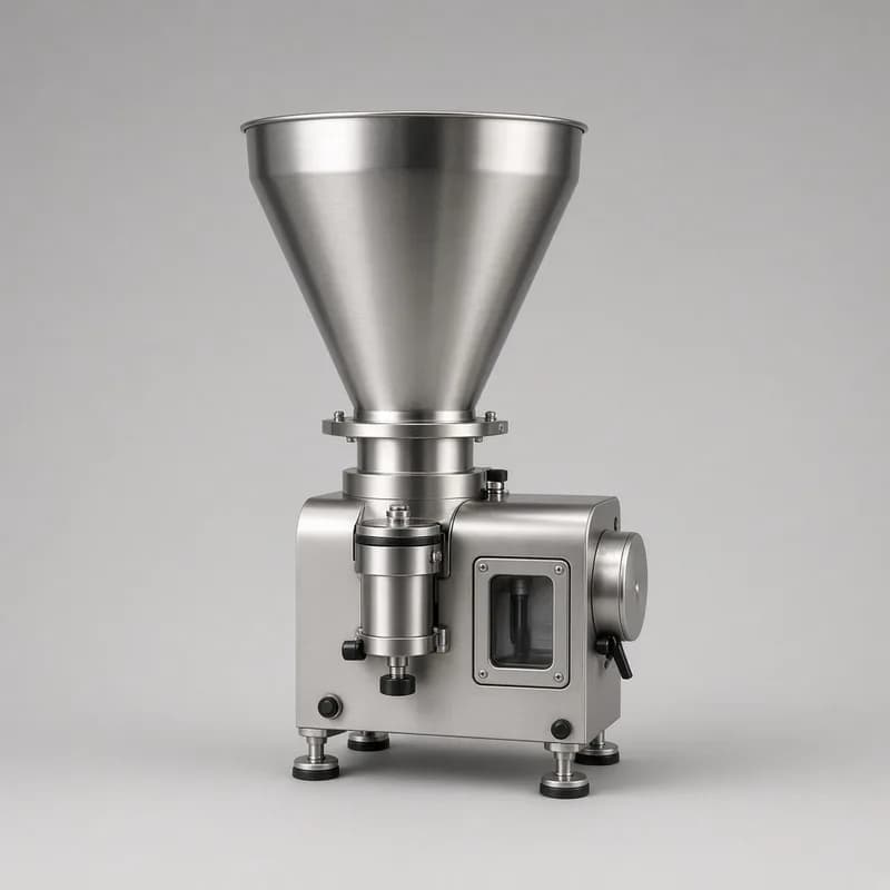 Reference photo of a tabletop auger powder filler with a stainless hopper