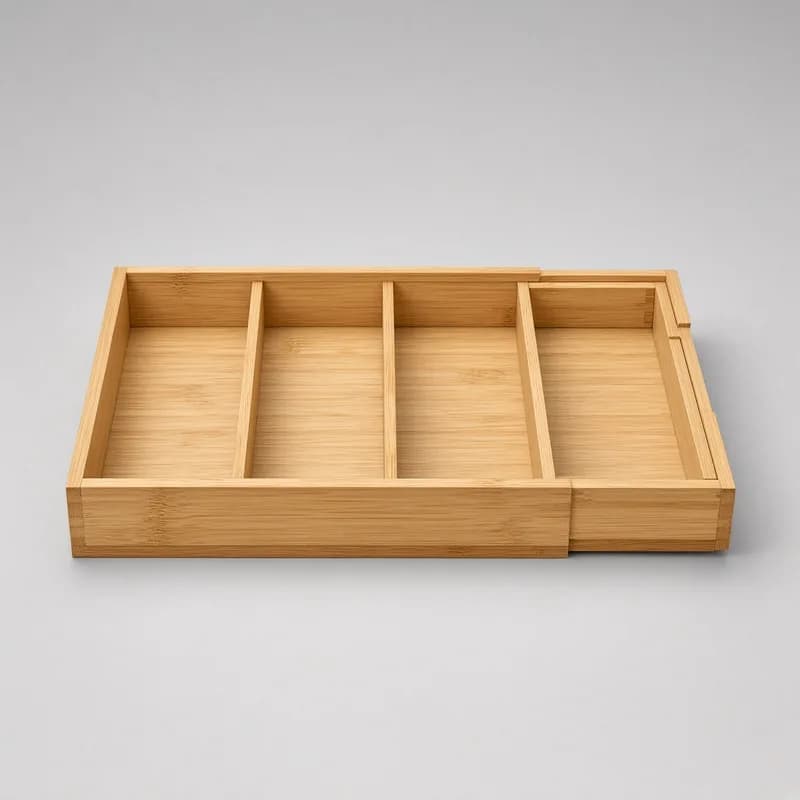 Reference photo of an expandable bamboo cutlery tray with several compartments