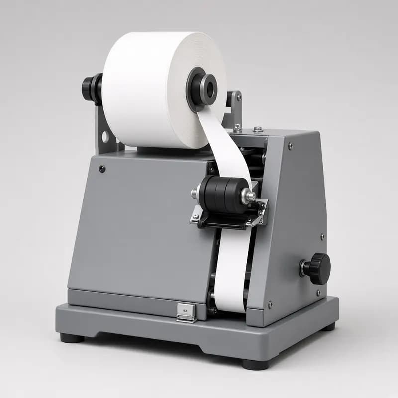 Reference photo of a benchtop machine applying a label to a round bottle