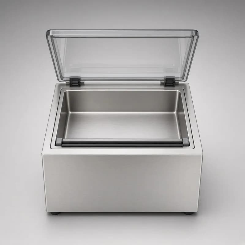 Reference photo of a tabletop chamber vacuum sealer with the lid open