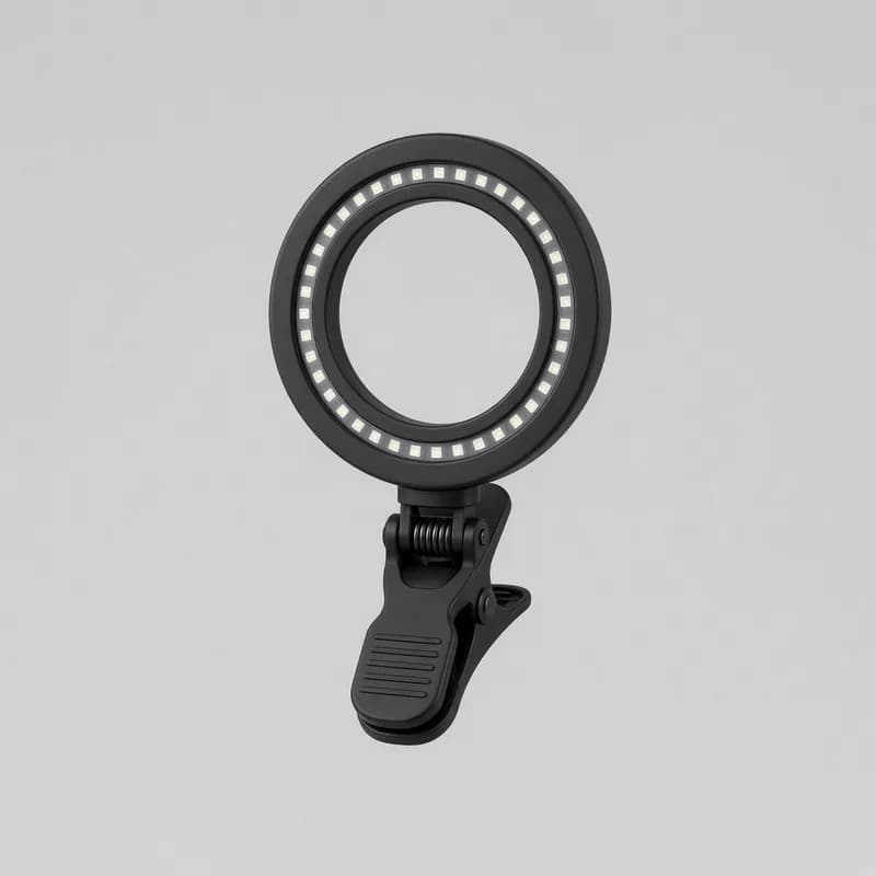 Reference photo of a small black clip-on LED ring light with a clamp