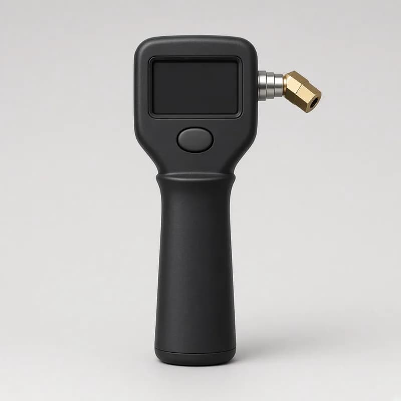 Reference photo of a digital tire pressure gauge with a metal chuck