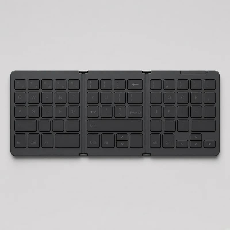 Reference photo of a tri-fold Bluetooth keyboard opened flat with a small battery hatch