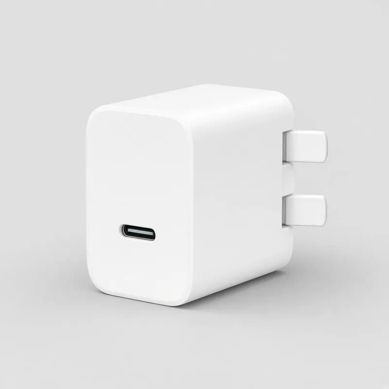 Reference photo of a compact white GaN USB-C wall charger with two ports and fold-out prongs