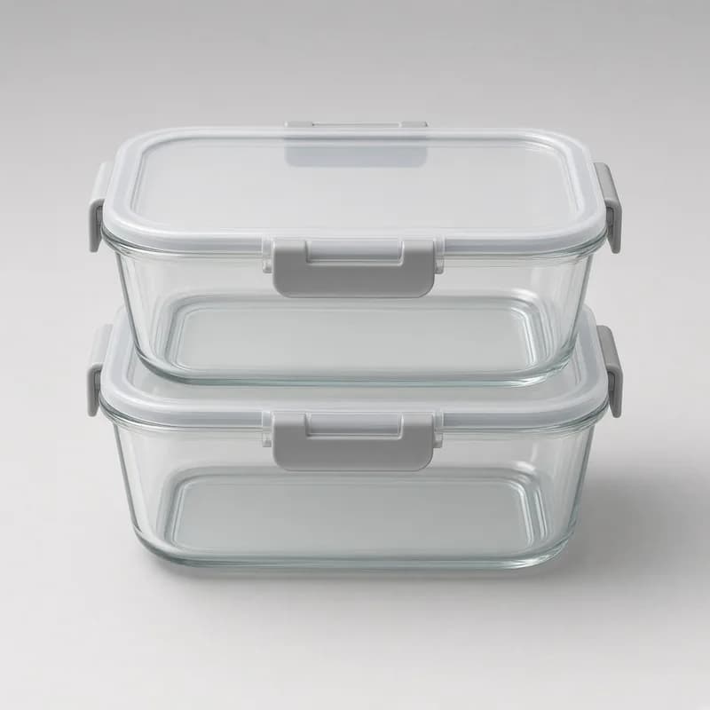 Reference photo of two glass meal prep containers with locking lids
