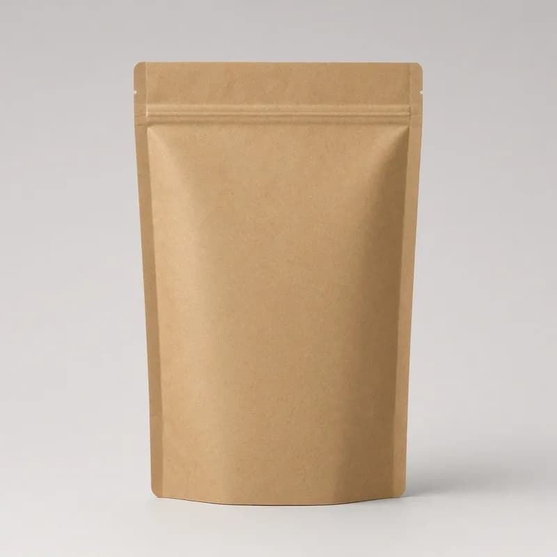 Reference photo of a blank kraft stand-up pouch with a zipper