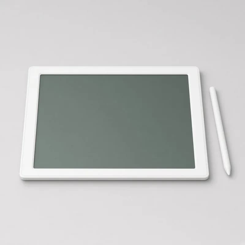 Reference photo of a blank LCD writing tablet with a white frame and a stylus