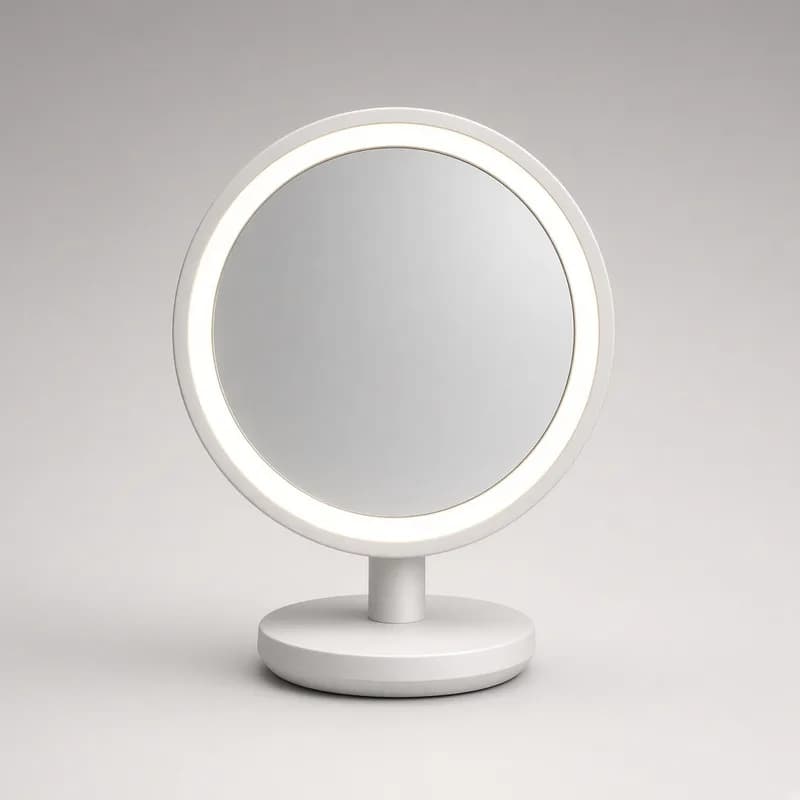 Reference photo of a round lighted tabletop vanity mirror on a stand
