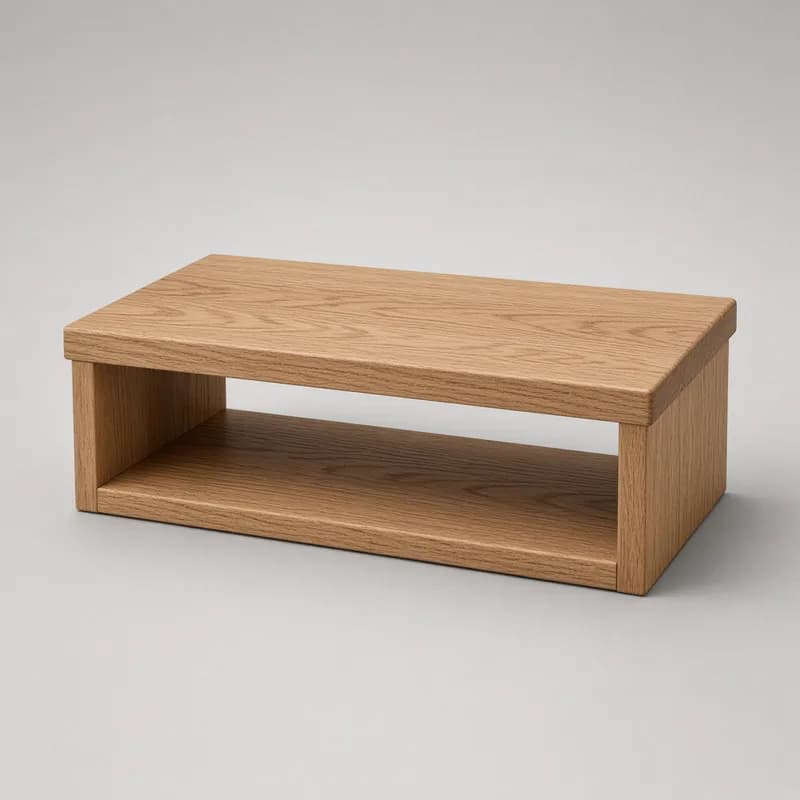 Reference photo of a wooden monitor riser with an open lower shelf