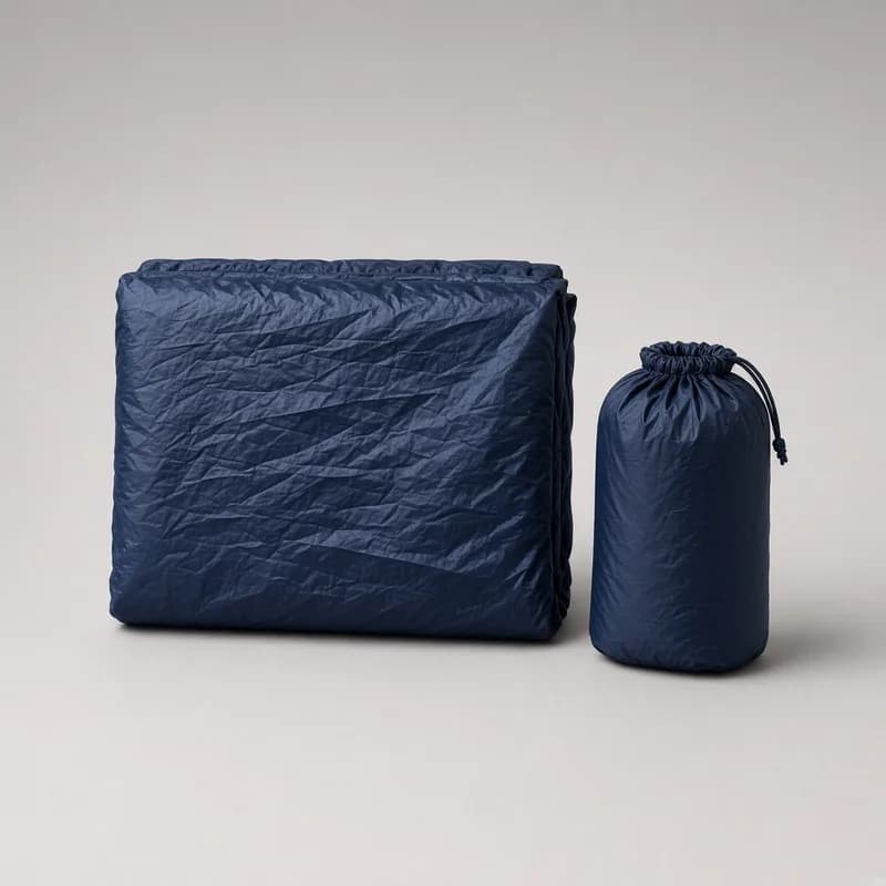 Reference photo of a folded packable rain poncho beside its stuff sack