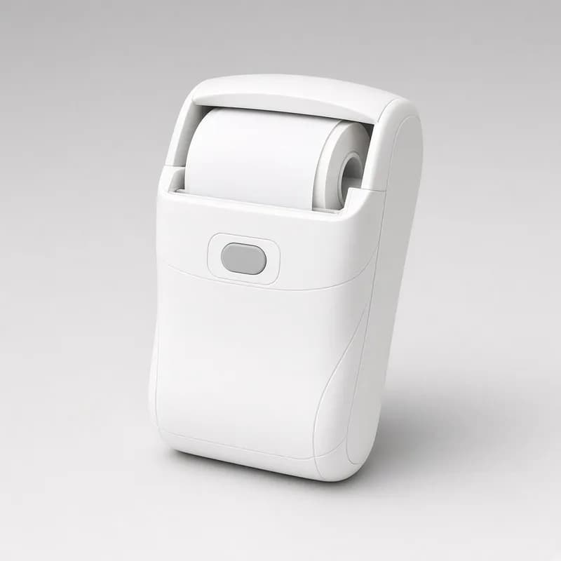 Reference photo of a compact white portable thermal label printer with a blank label roll