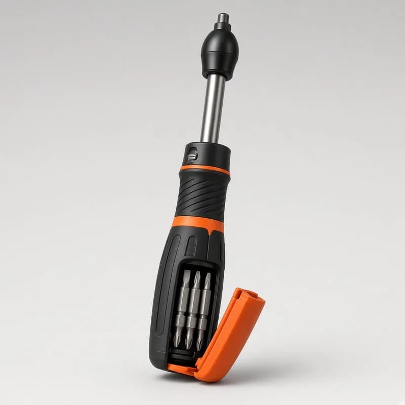 Reference photo of a ratcheting screwdriver with bits stored in the handle