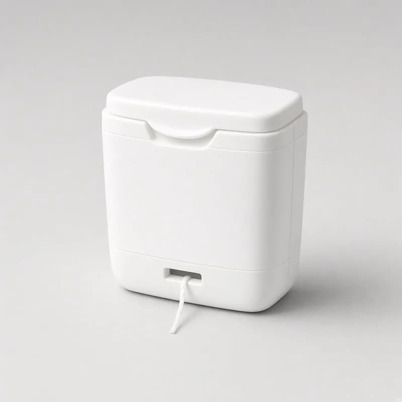 Reference photo of a refillable dental floss dispenser with a flip lid