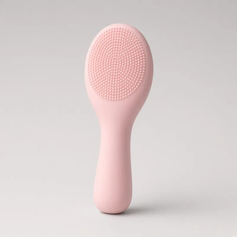 Reference photo of a silicone facial cleansing brush with a short handle