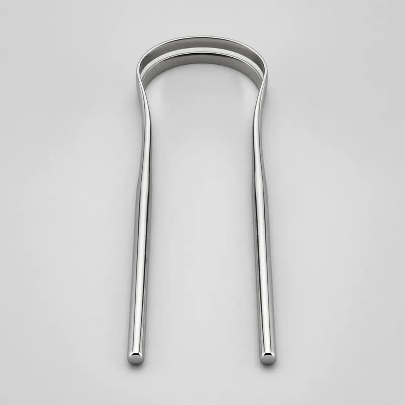Reference photo of a U-shaped stainless steel tongue scraper