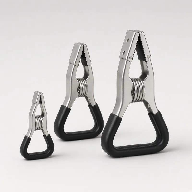 Reference photo of three steel spring clamps of different sizes