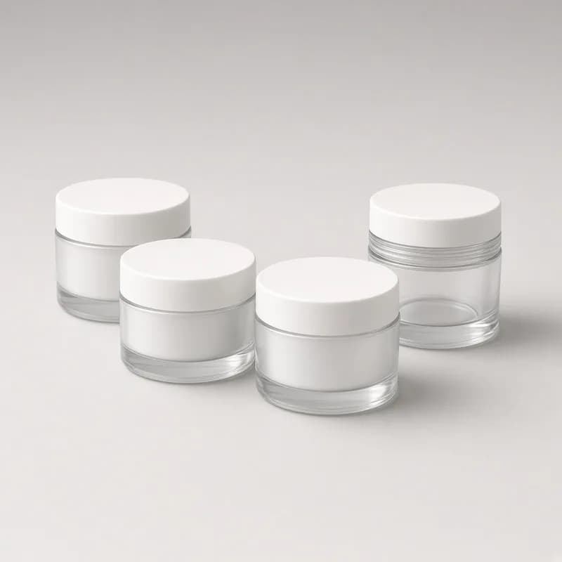 Reference photo of a set of small empty travel cream jars with screw lids