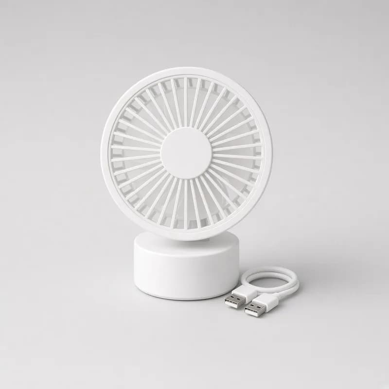 Reference photo of a small white USB desktop fan with a round grille